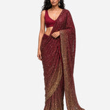 Burgundy mirror and sequins pre-draped saree with satin blouse, Aina Karée