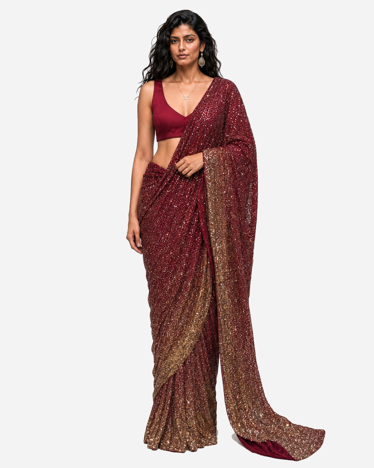 Burgundy mirror and sequins pre-draped saree with satin blouse, Aina Karée