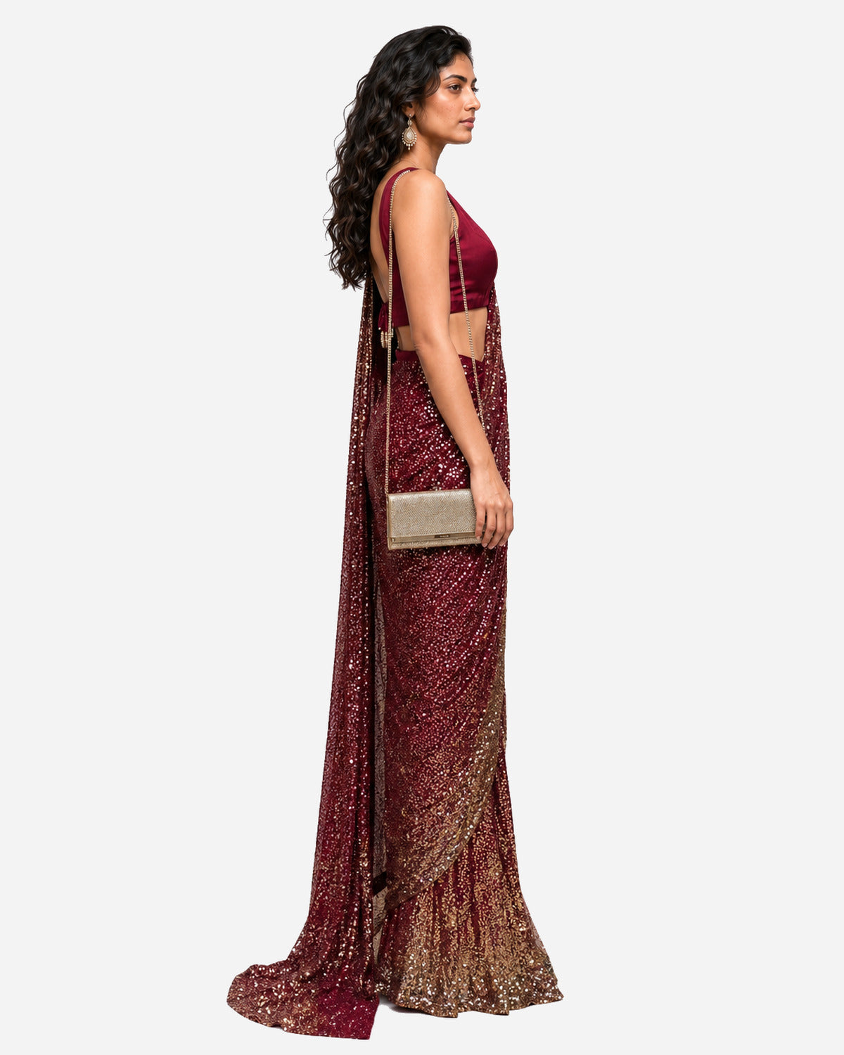 Burgundy mirror and sequins pre-draped saree with satin blouse, Aina Karée – view 2