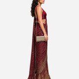 Burgundy mirror and sequins pre-draped saree with satin blouse, Aina Karée – view 2