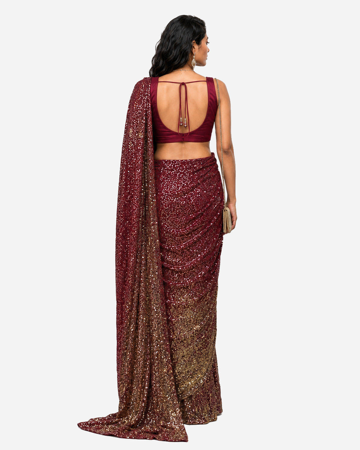 Burgundy mirror and sequins pre-draped saree with satin blouse, Aina Karée – view 3