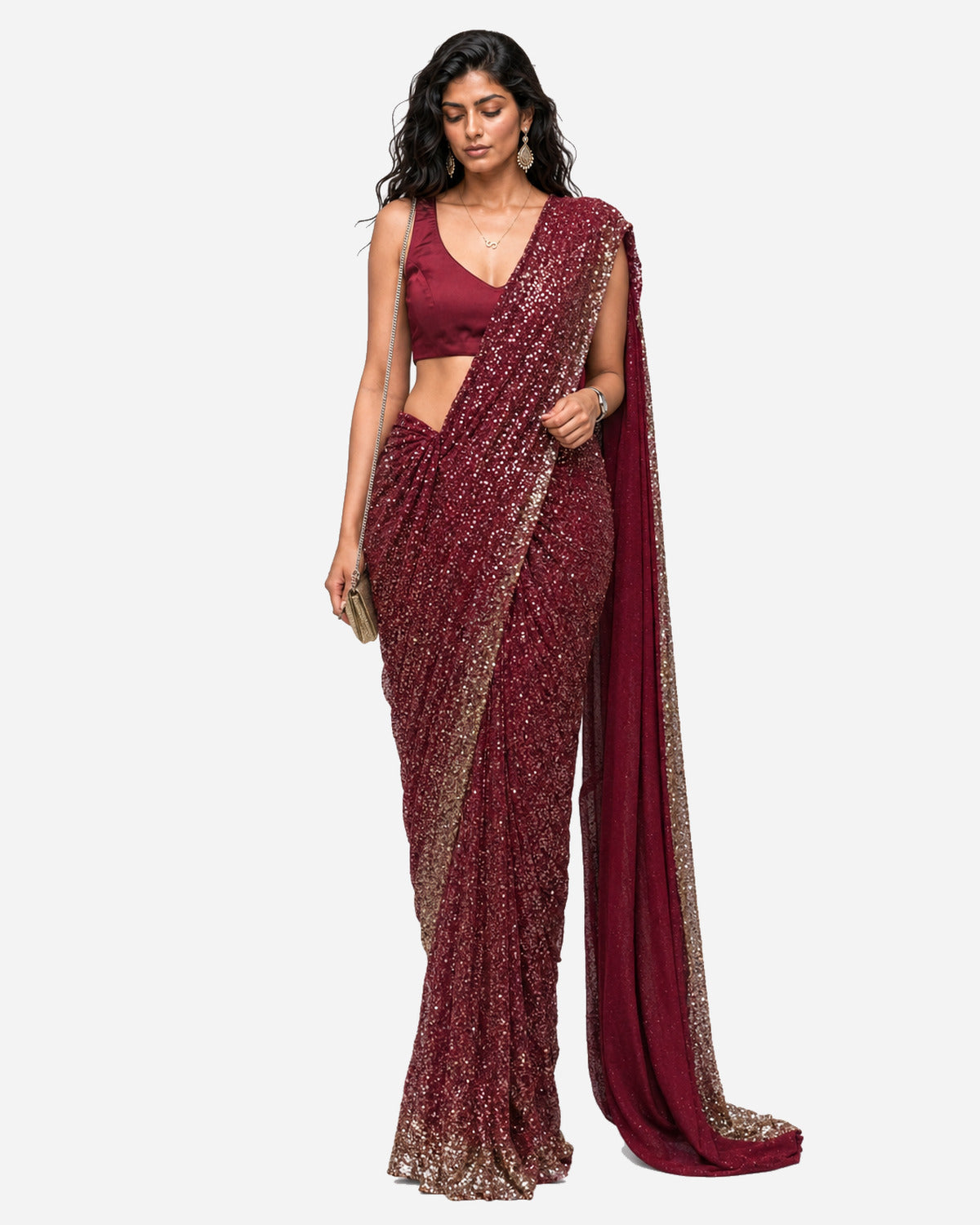 Burgundy mirror and sequins pre-draped saree with satin blouse, Aina Karée – view 4