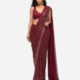 Burgundy mirror and sequins pre-draped saree with satin blouse, Aina Karée – view 4