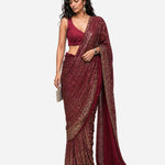 Burgundy mirror and sequins pre-draped saree with satin blouse, Aina Karée – view 5