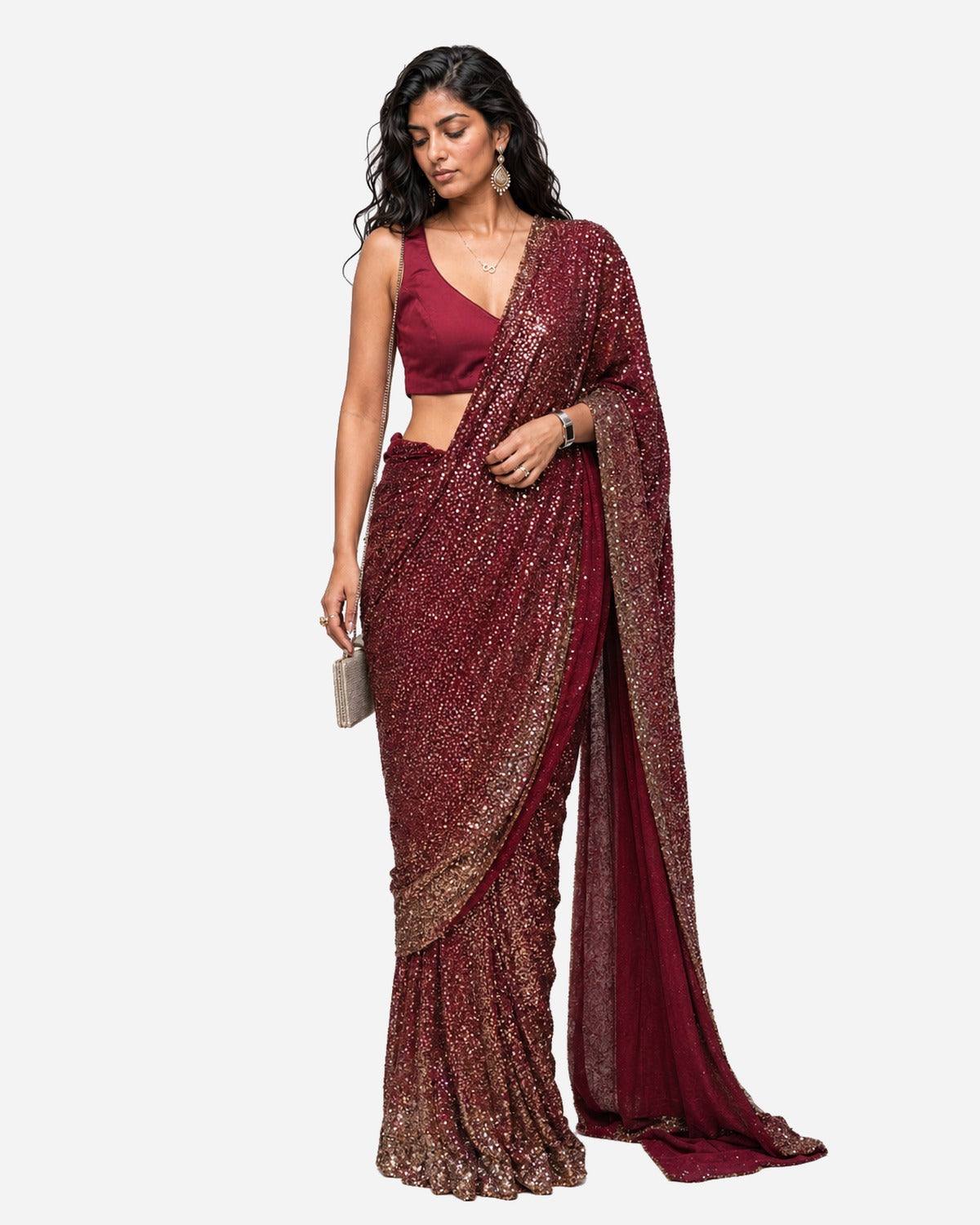 Burgundy mirror and sequins pre-draped saree with satin blouse, Aina Karée – view 5