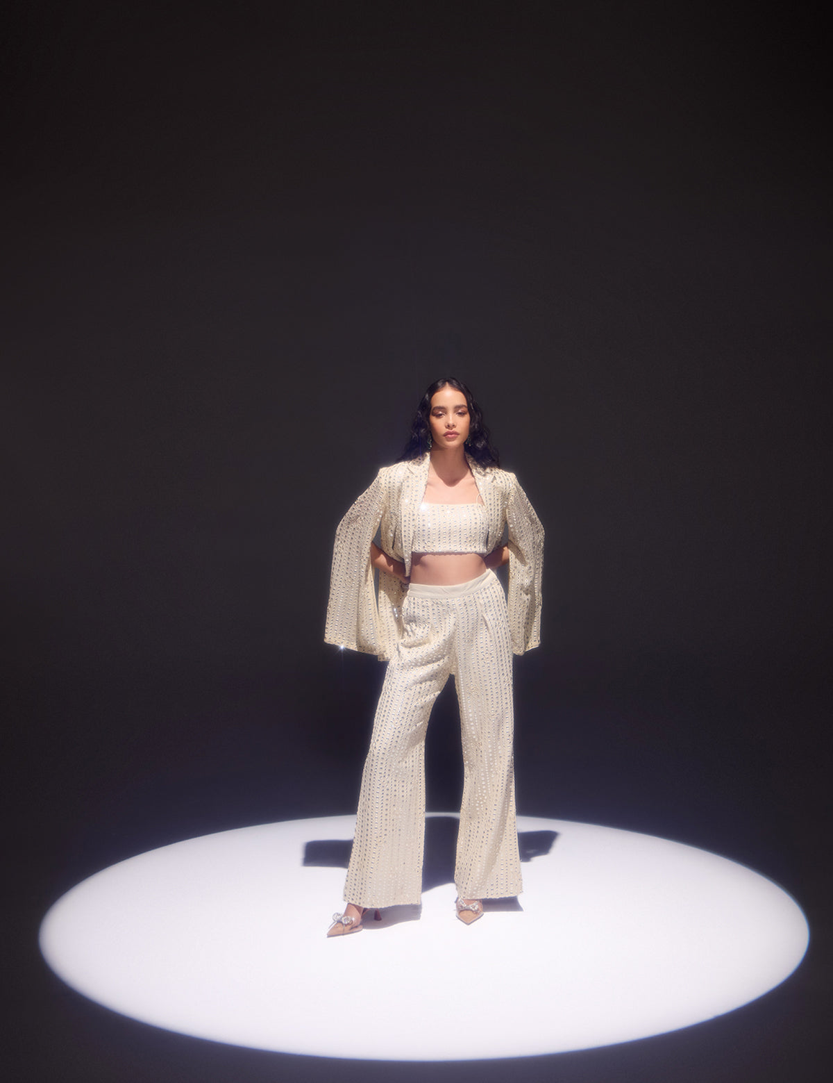 Ivory Waterfall Pants with mirror work, view 2 – Aina Karée