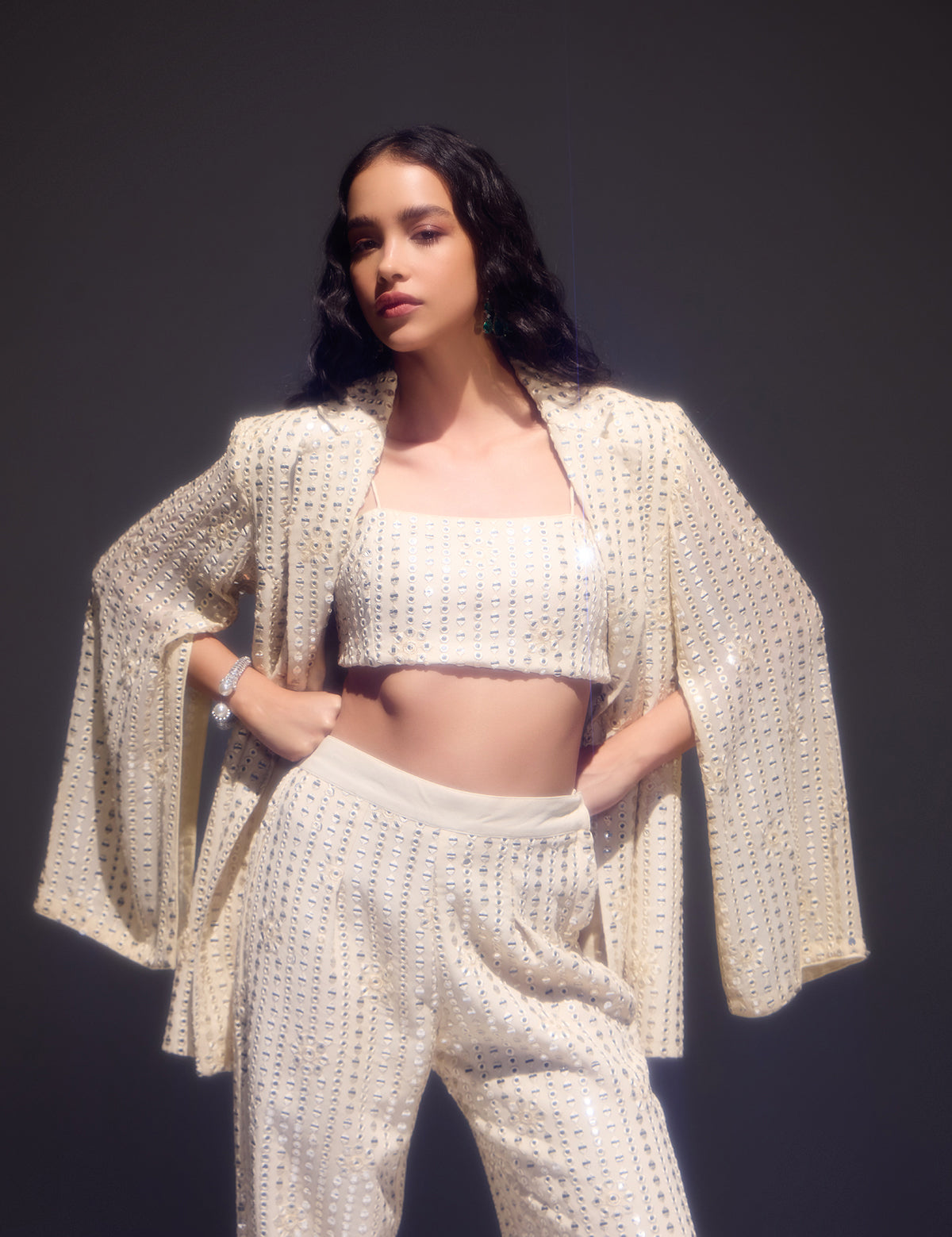 Ivory Waterfall Blazer Set with mirror work – Aina Karée
