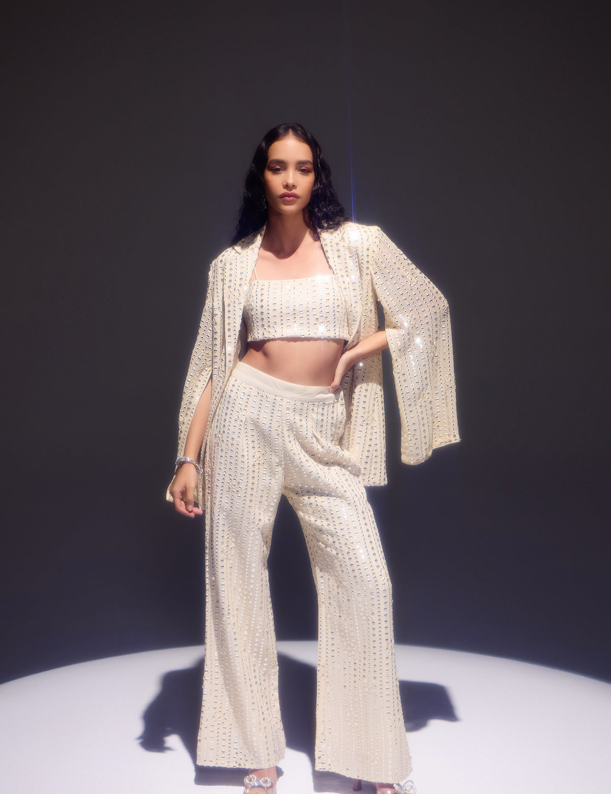 Ivory Waterfall Blazer with mirror work, view 2 – Aina Karée