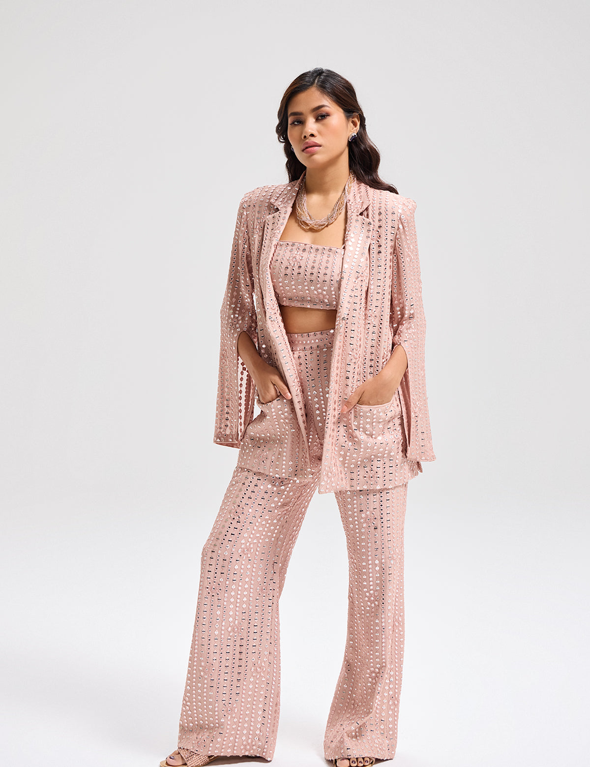 Nude Waterfall Blazer Set with mirror work, view 2 – Aina Karée