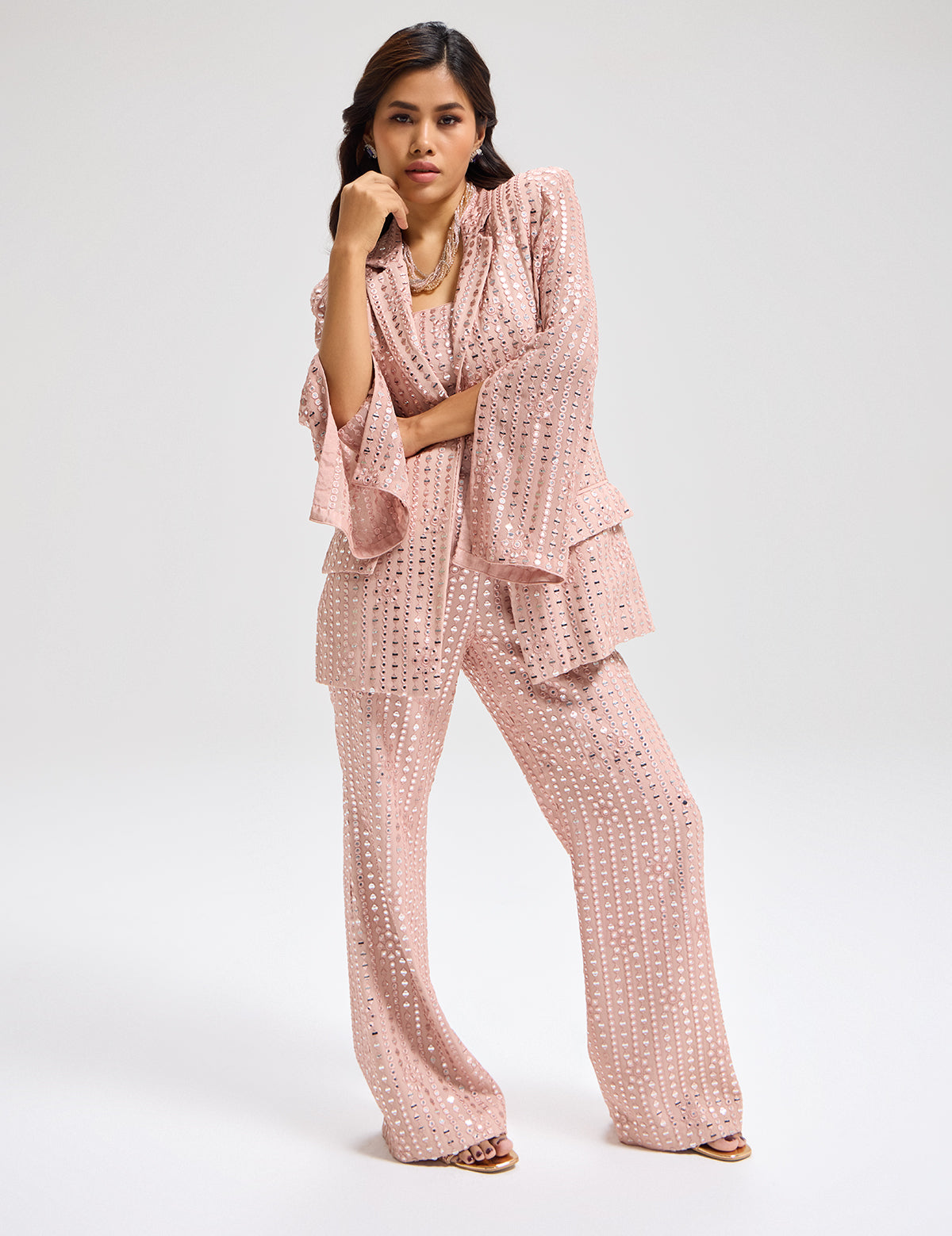 Nude Waterfall Blazer Set with mirror work, view 3 – Aina Karée
