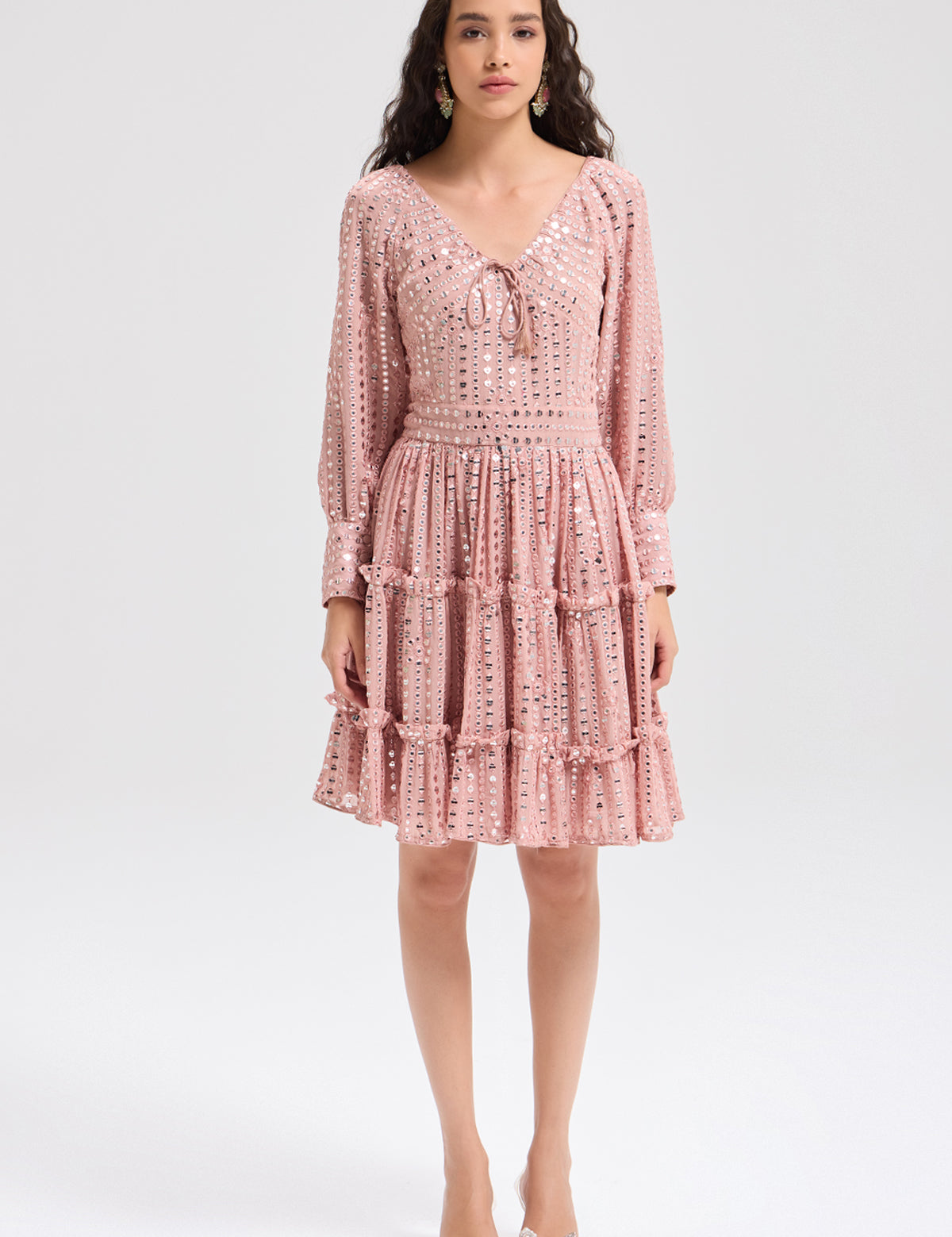 Nude-ish Pink Cuffed Sleeve Dress with mirror work – Aina Karée