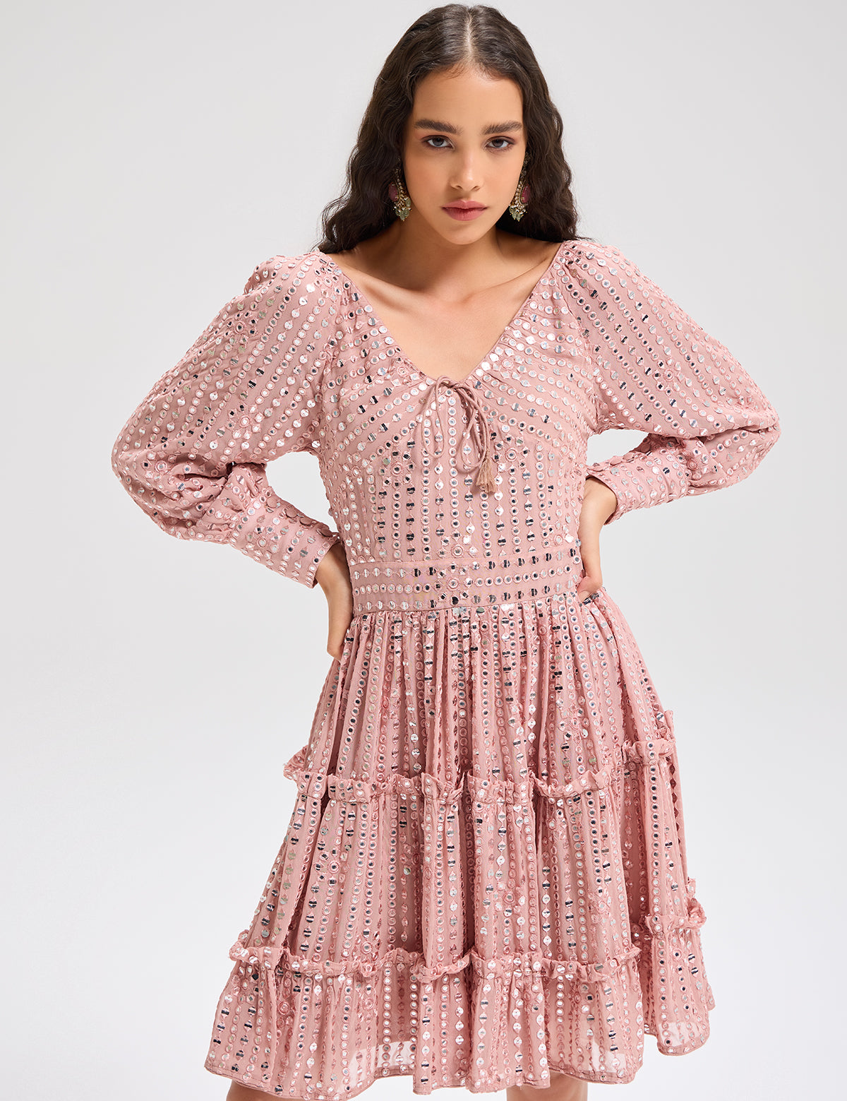Nude-ish Pink Cuffed Sleeve Dress with mirror work, view 4 – Aina Karée