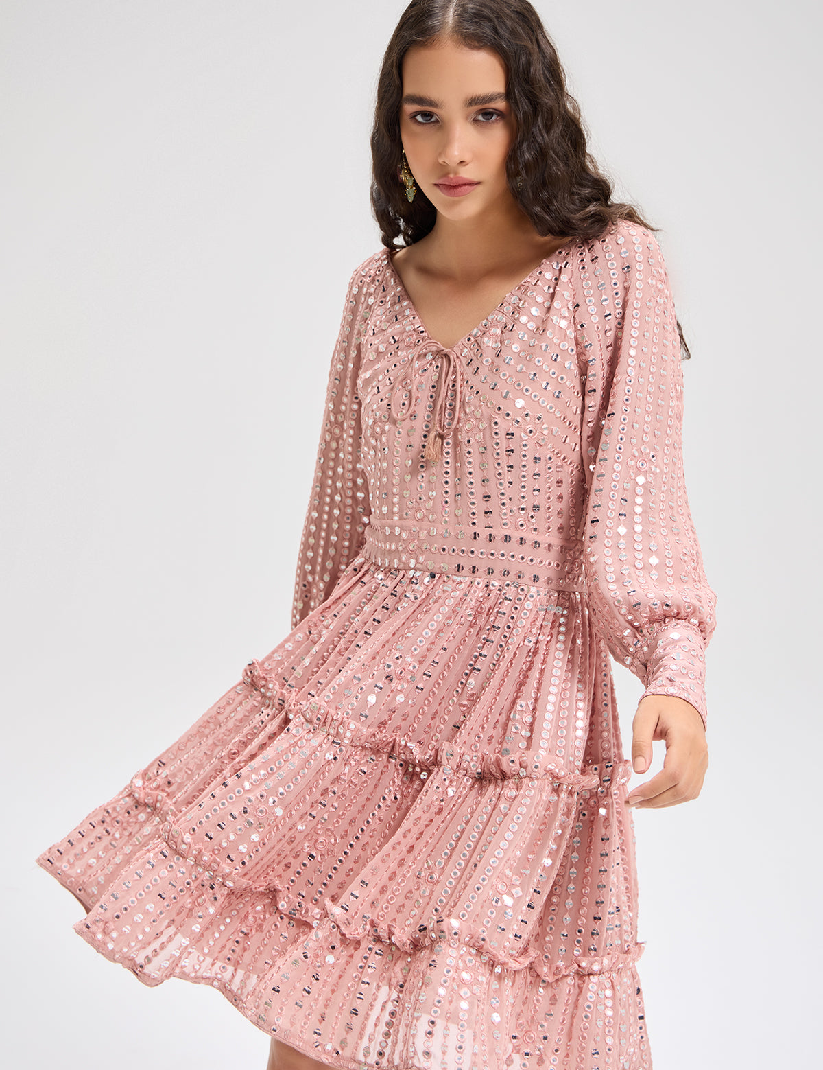 Nude-ish Pink Cuffed Sleeve Dress with mirror work, view 3 – Aina Karée
