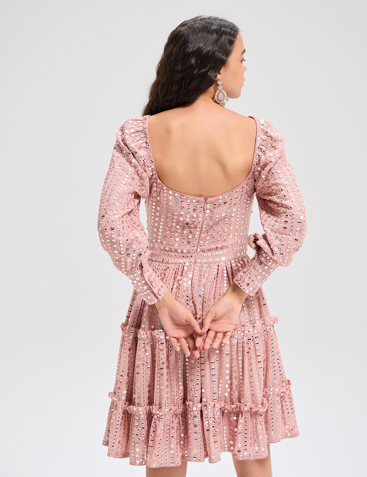 Nude-ish Pink Cuffed Sleeve Dress with mirror work, view 5 – Aina Karée