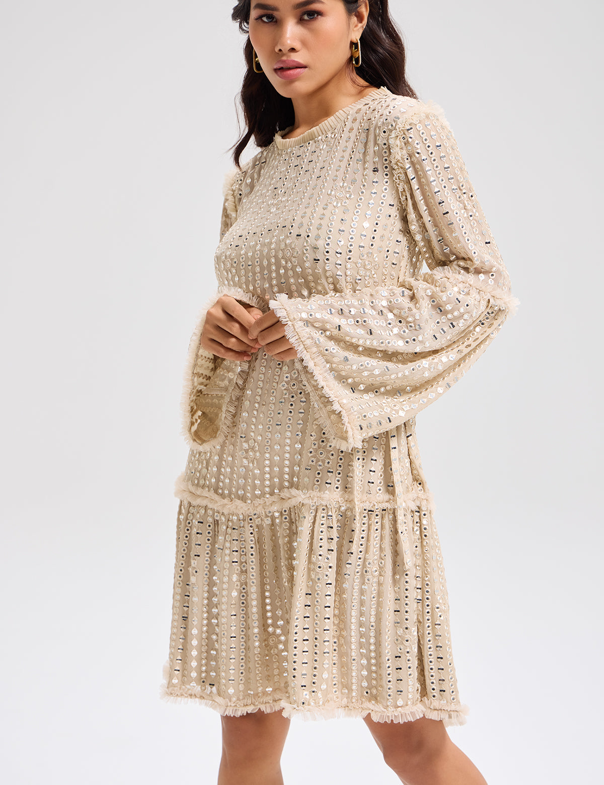 Ivory Dori Belt Dress with mirror work, view 3 – Aina Karée