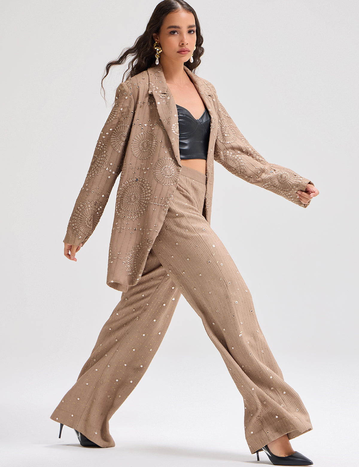 Neutral Brown Waterfall Pants with mirror work, view 2 – Aina Karée