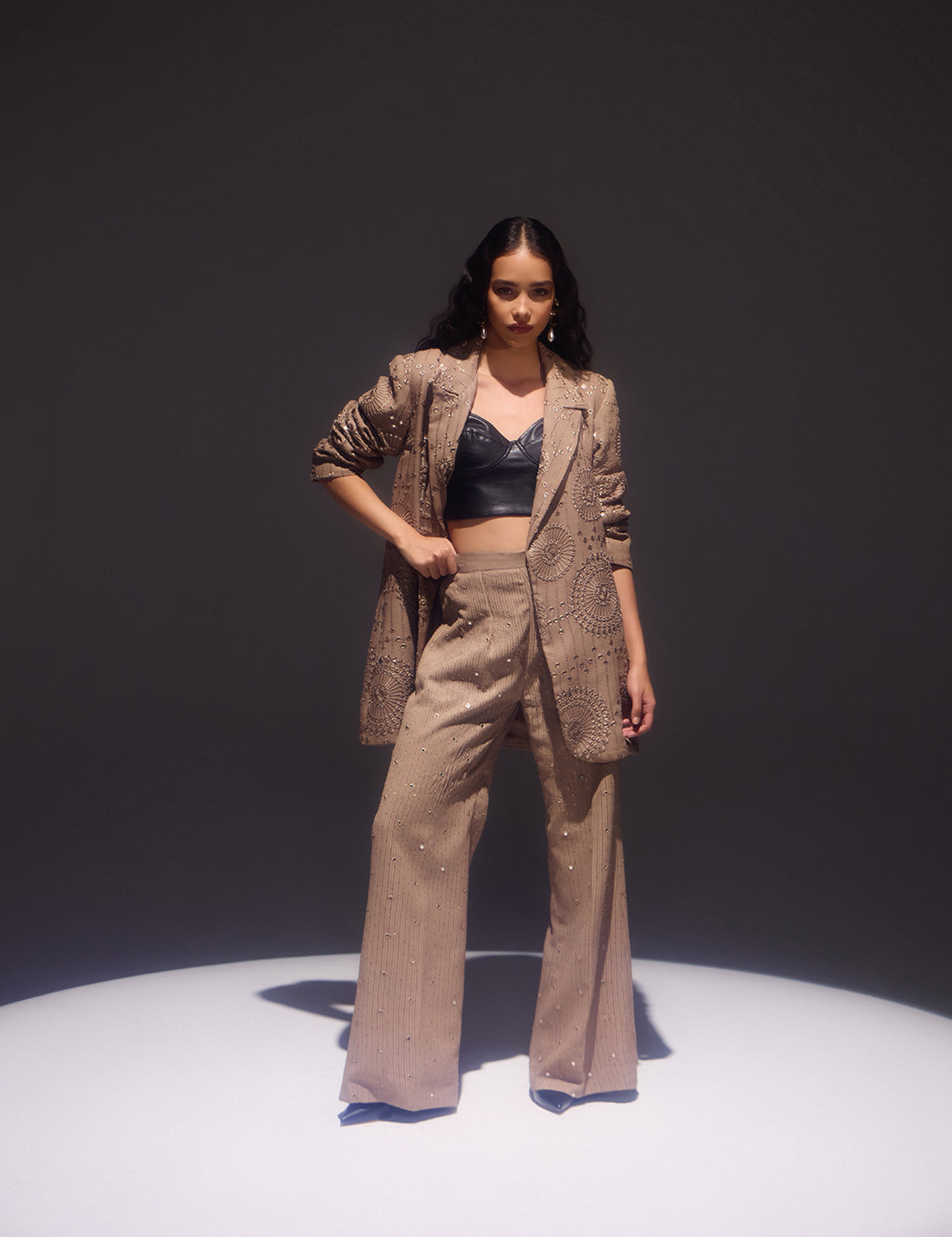 Neutral Brown Your Dad's Blazer with mirror work, view 3 – Aina Karée