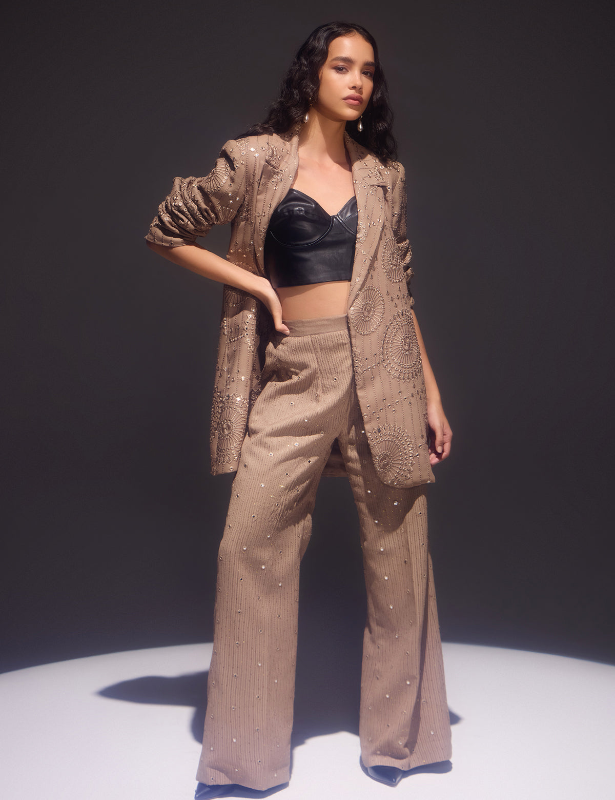 Neutral Brown Waterfall Pants with mirror work, view 4 – Aina Karée