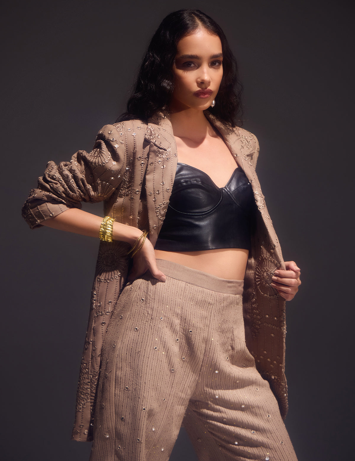 Neutral Brown Waterfall Pants with mirror work, view 5 – Aina Karée