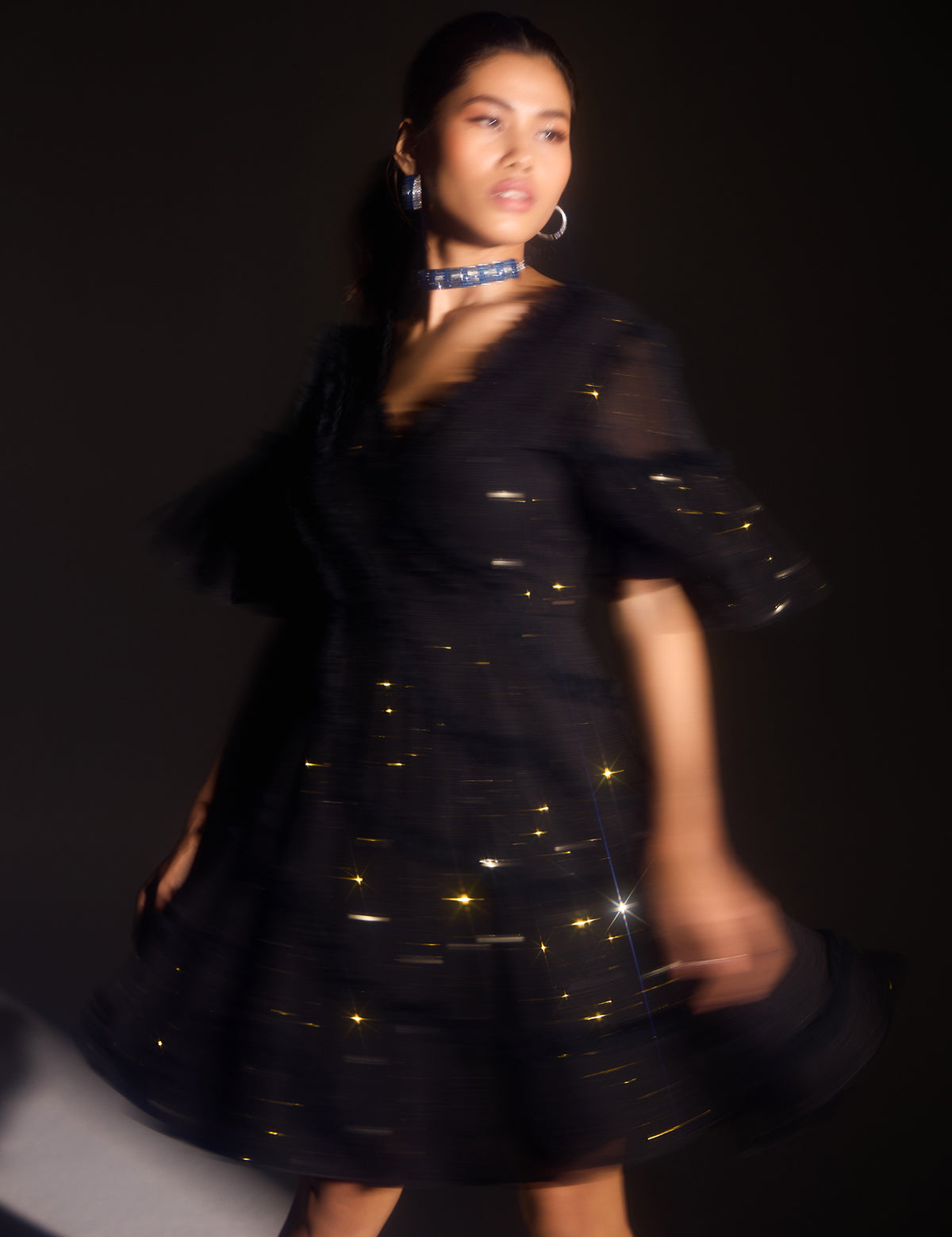 Black Starry Nights Dress with mirror work, view 5 – Aina Karée
