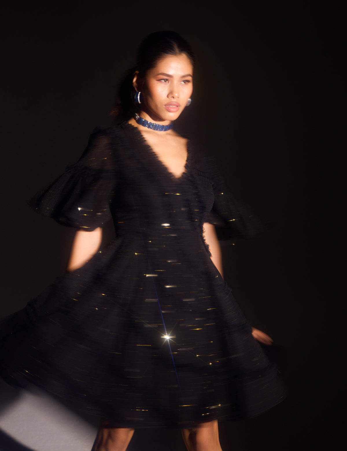 Black Starry Nights Dress with mirror work, view 4 – Aina Karée