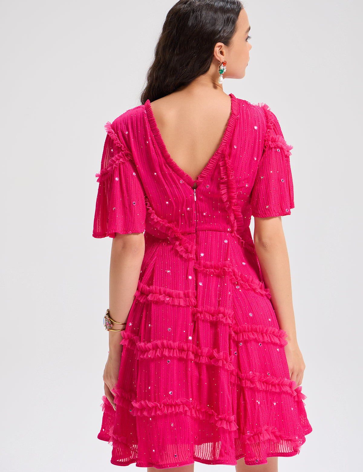 Fuschia Pink Starry Nights Dress with mirror work, view 3 – Aina Karée