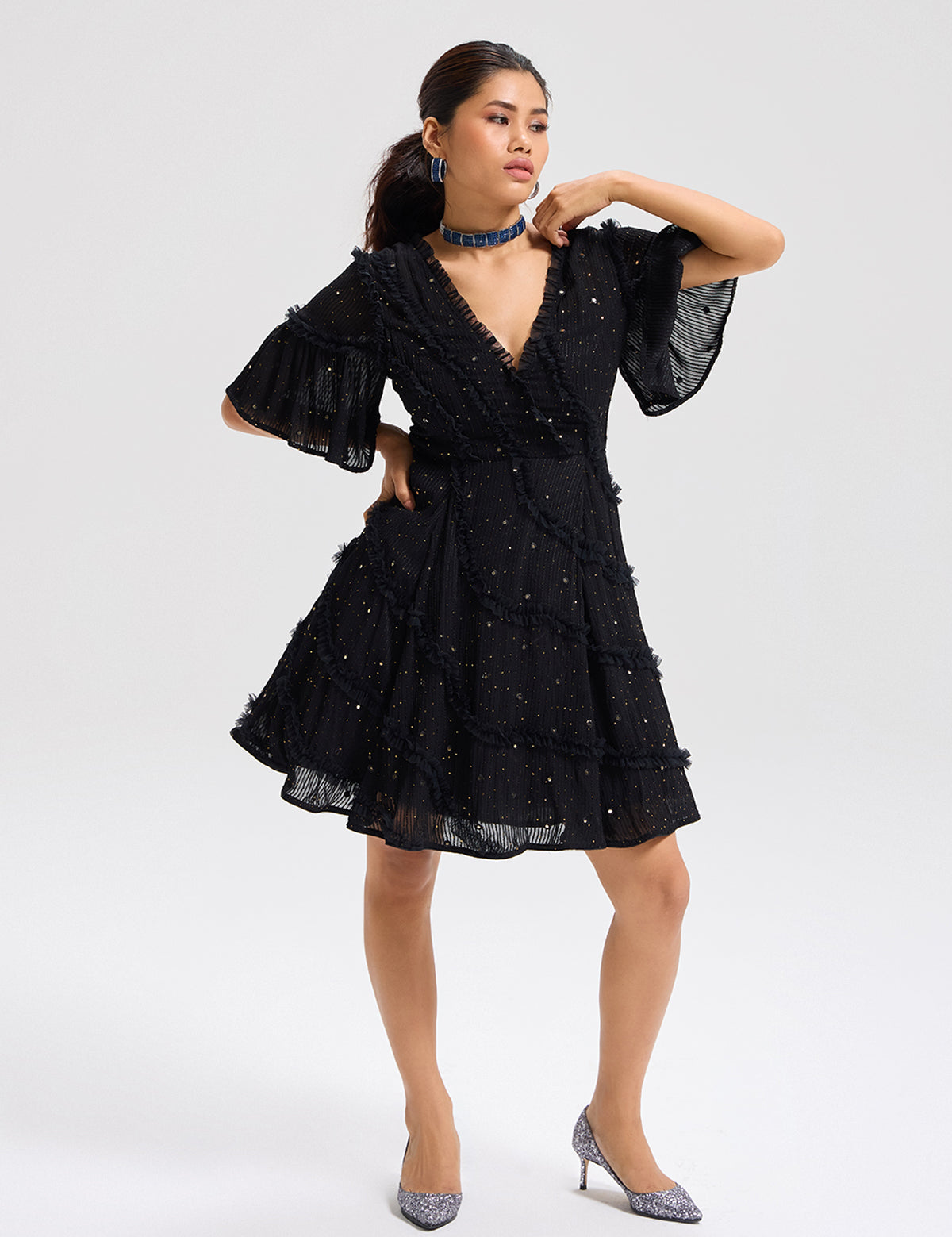 Black Starry Nights Dress with mirror work, view 3 – Aina Karée