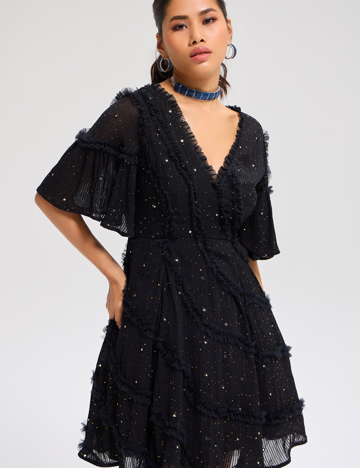 Black Starry Nights Dress with mirror work, view 2 – Aina Karée