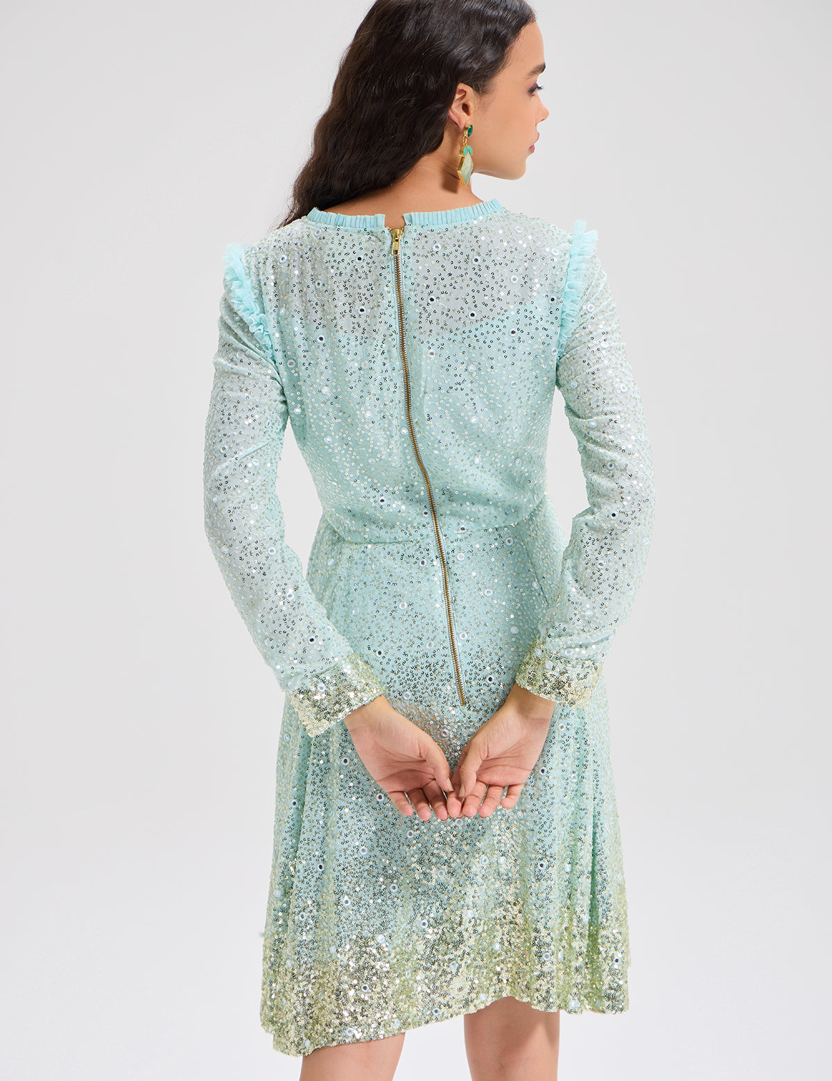 Aqua Gatsby Glimmer Dress with mirror work, view 2 – Aina Karée