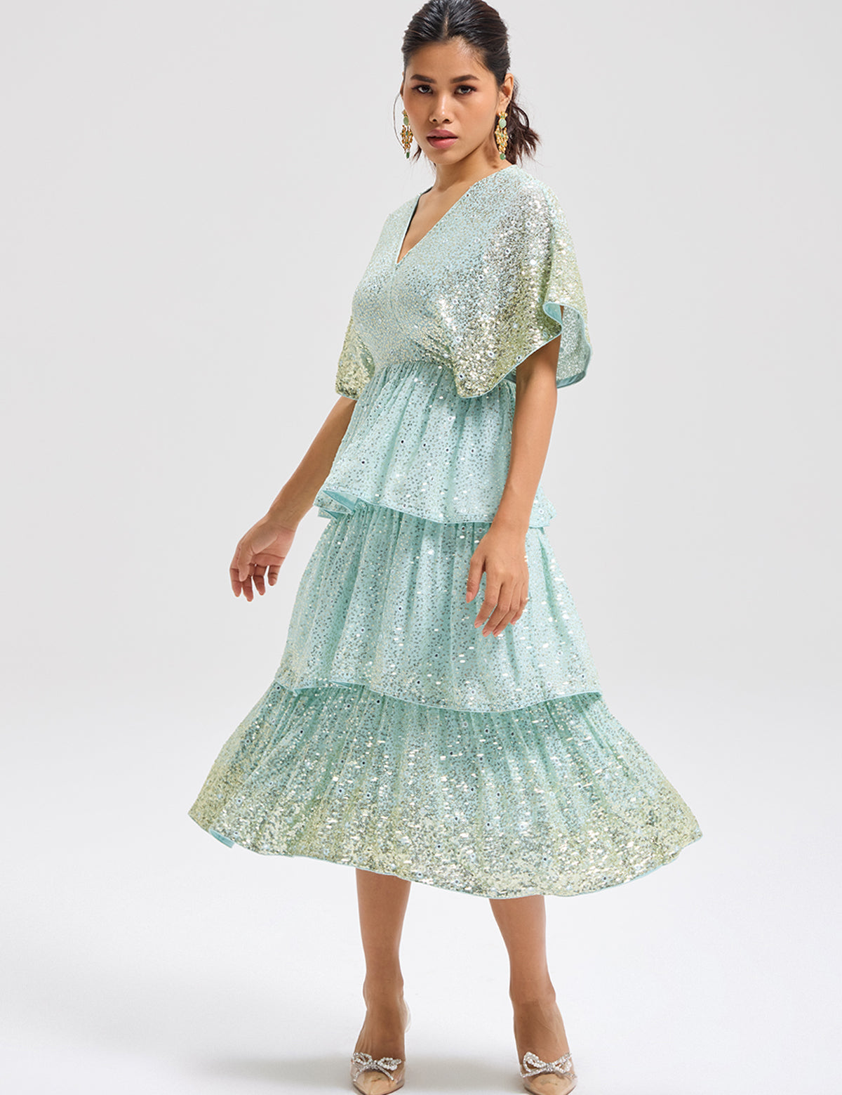 Aqua 3 Tier Ombre Dress with mirror work, view 2 – Aina Karée