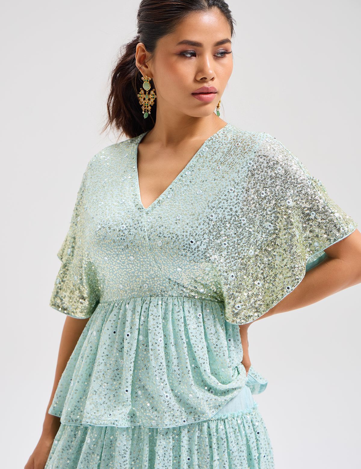 Aqua 3 Tier Ombre Dress with mirror work, view 3 – Aina Karée
