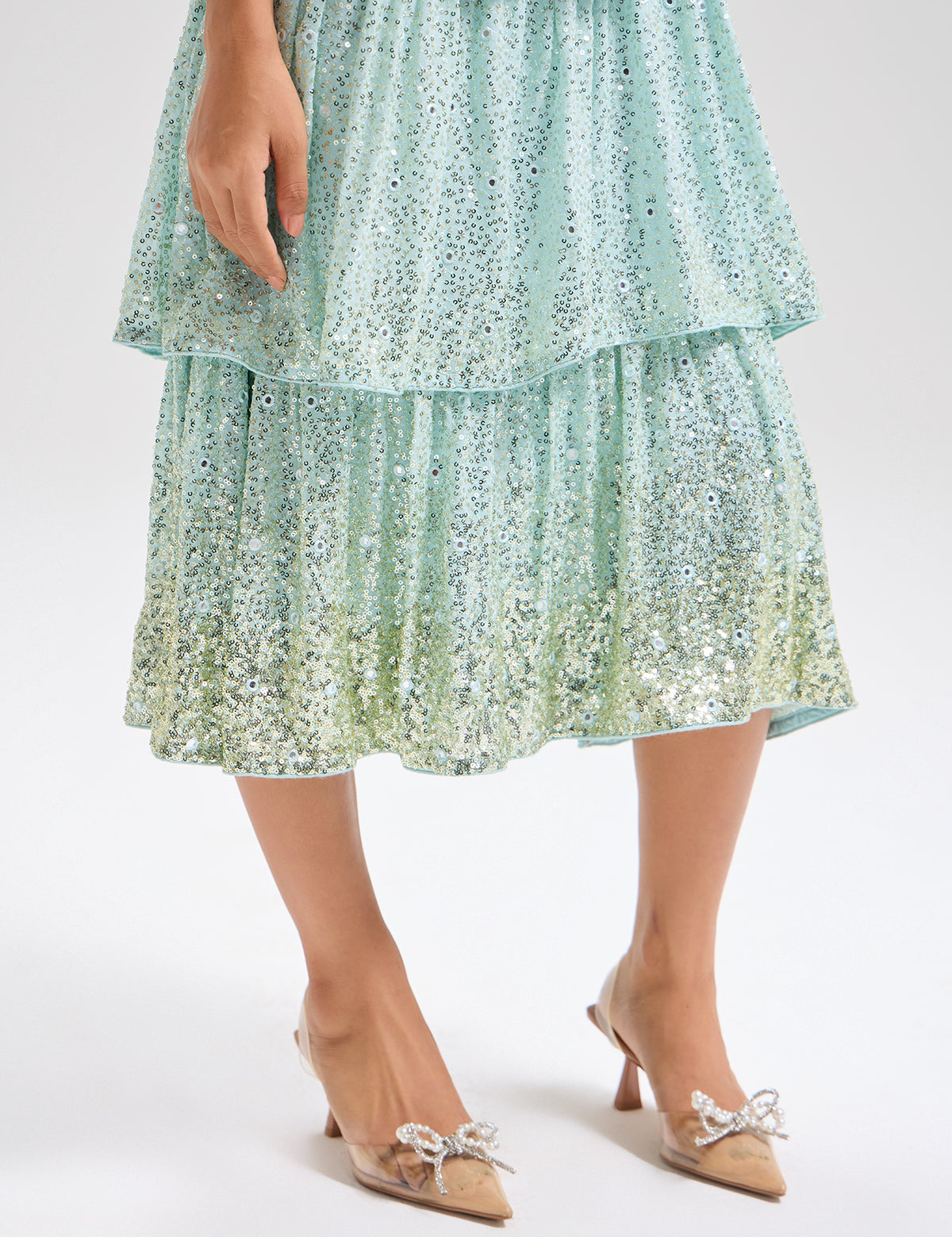 Aqua 3 Tier Ombre Dress with mirror work, view 4 – Aina Karée