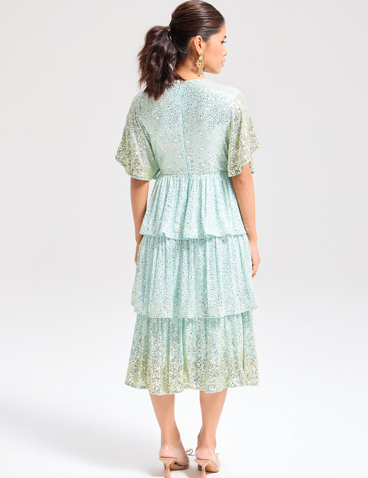 Aqua 3 Tier Ombre Dress with mirror work, view 5 – Aina Karée