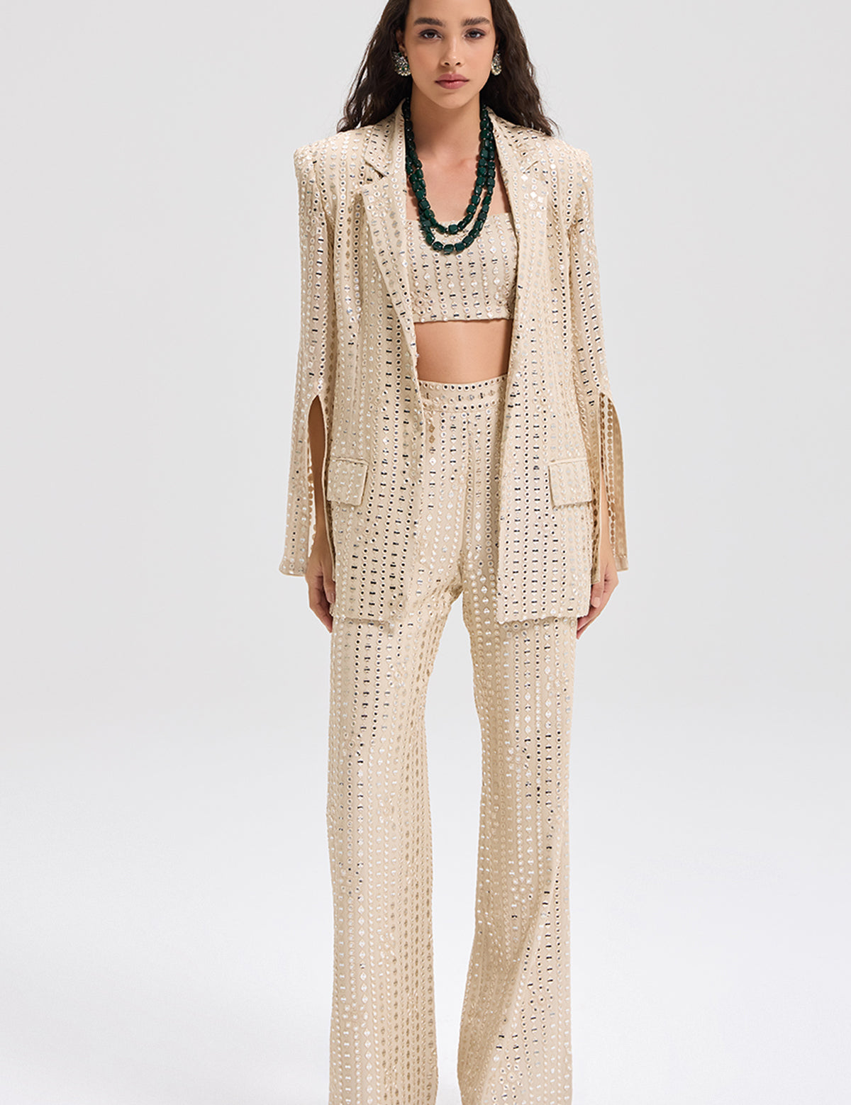 Champagne Waterfall Blazer Set with mirror work – Aina Karée