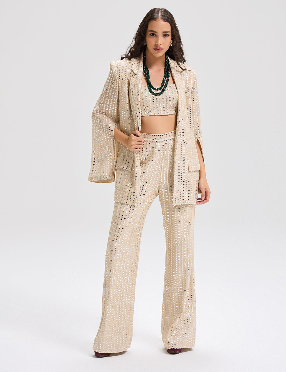 Champagne Waterfall Blazer with mirror work, view 2 – Aina Karée