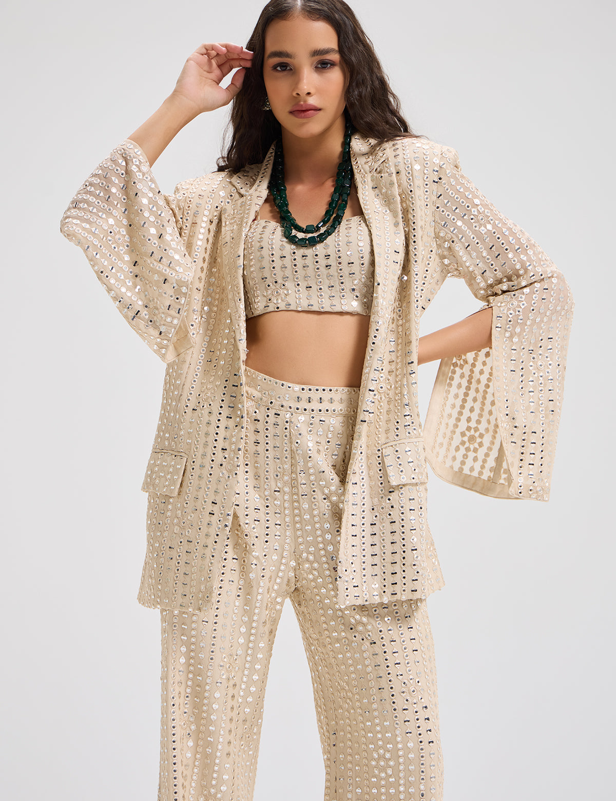 Champagne Waterfall Blazer with mirror work, view 3 – Aina Karée