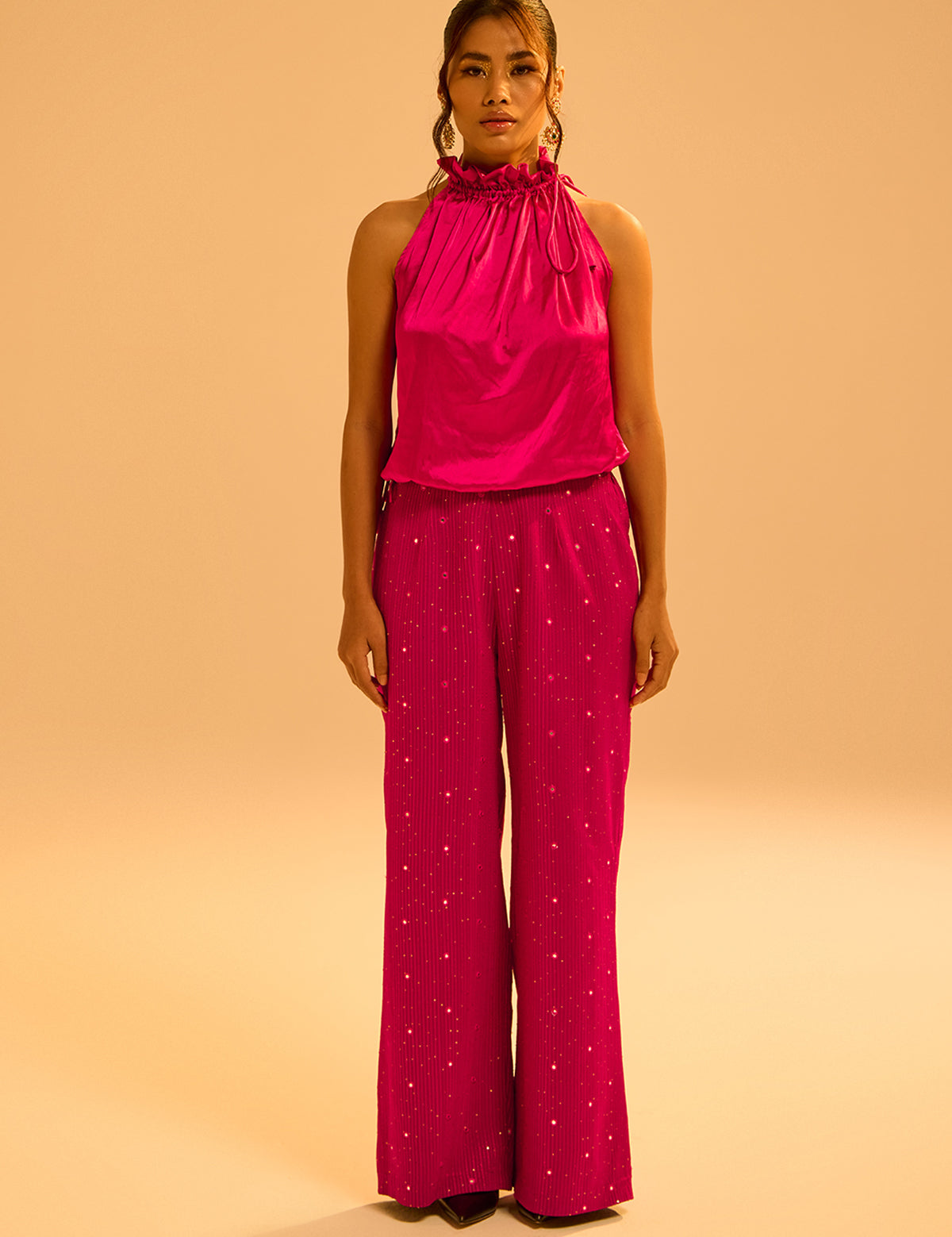 Fuschia Pink Waterfall Blazer Set with mirror work, view 3 – Aina Karée
