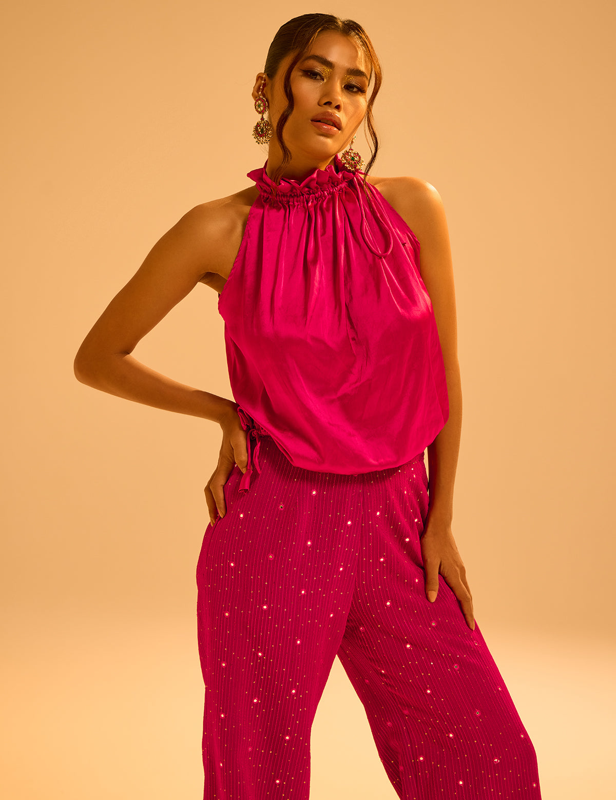Fuschia Pink Waterfall Blazer Set with mirror work, view 4 – Aina Karée