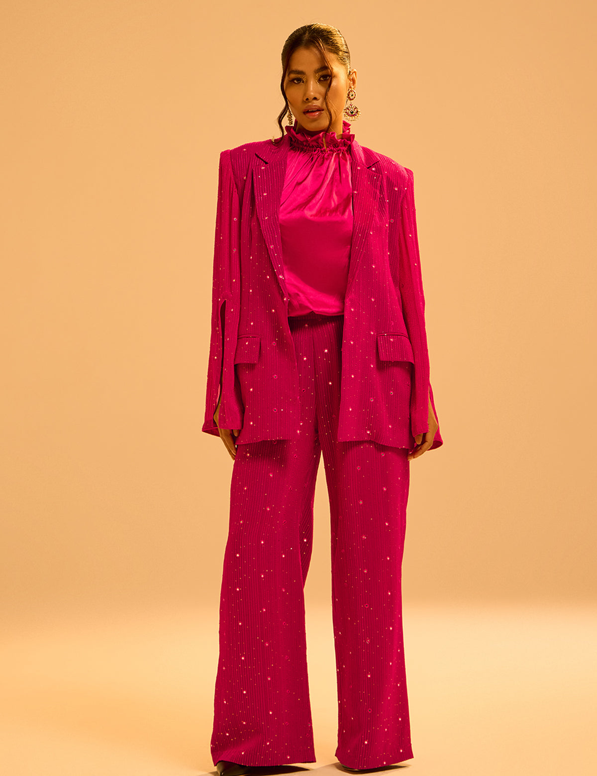 Fuschia Pink Waterfall Blazer with mirror work – Aina Karée