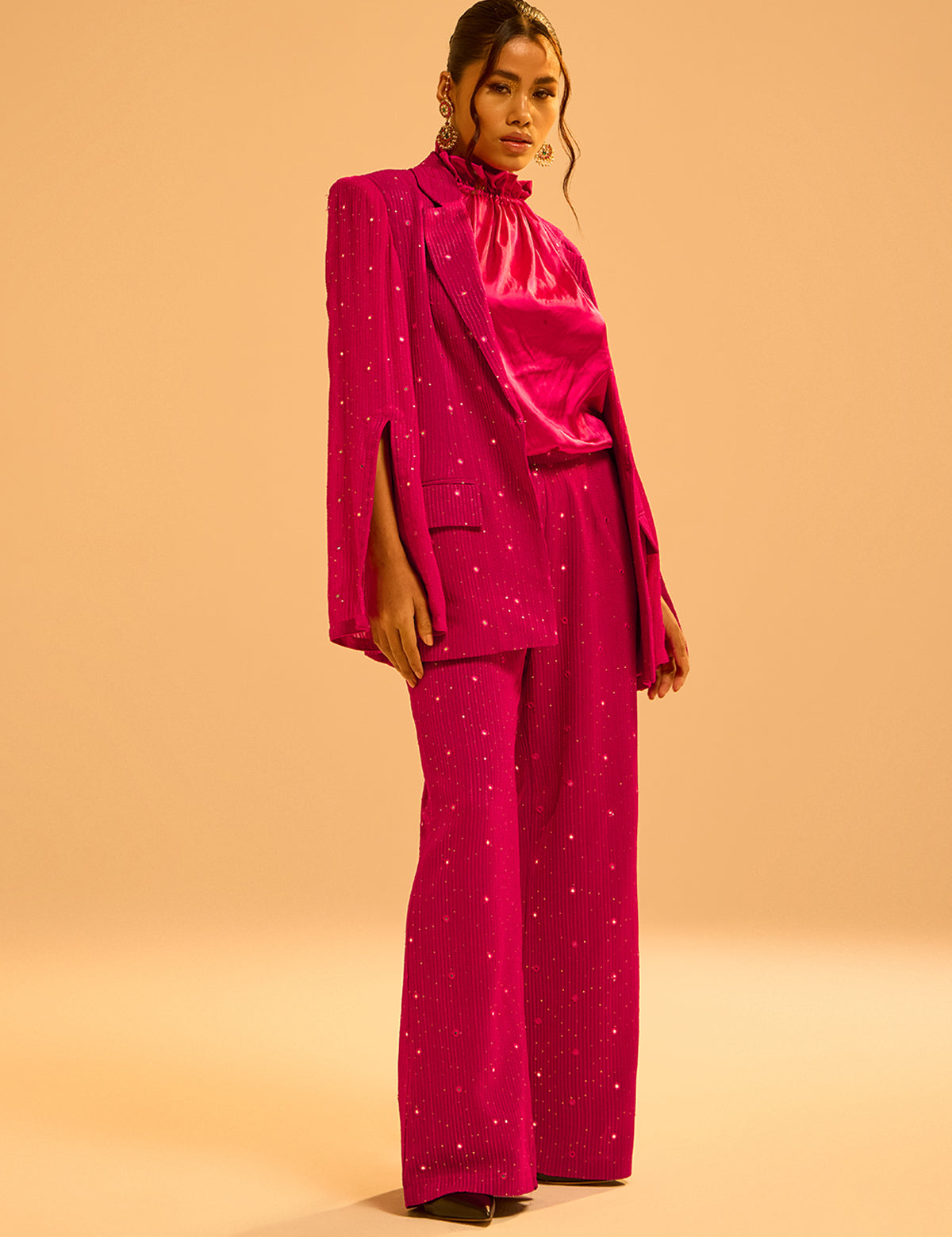 Fuschia Pink Waterfall Pants with mirror work, view 4 – Aina Karée