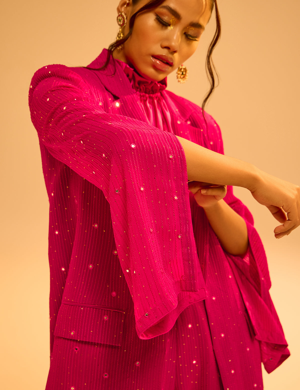 Fuschia Pink Waterfall Blazer with mirror work, view 2 – Aina Karée