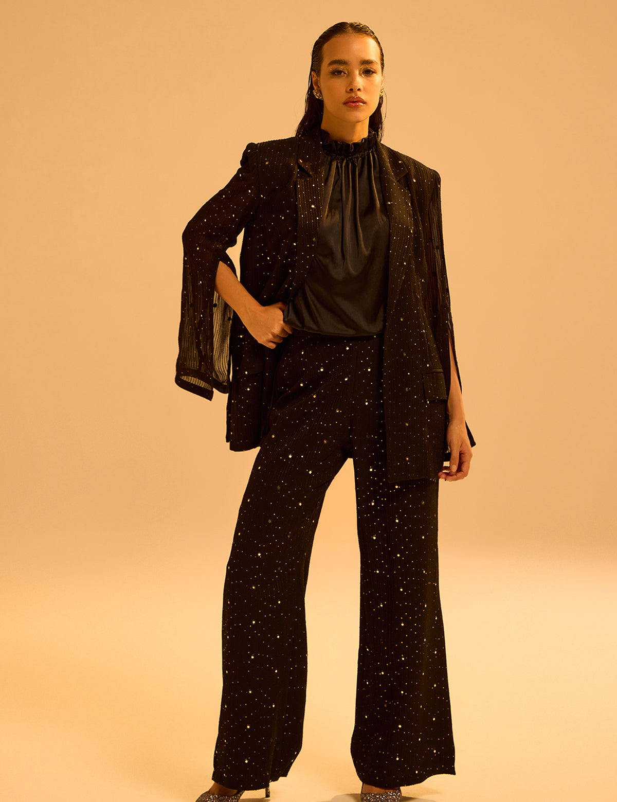 Black Waterfall Blazer Set with mirror work – Aina Karée