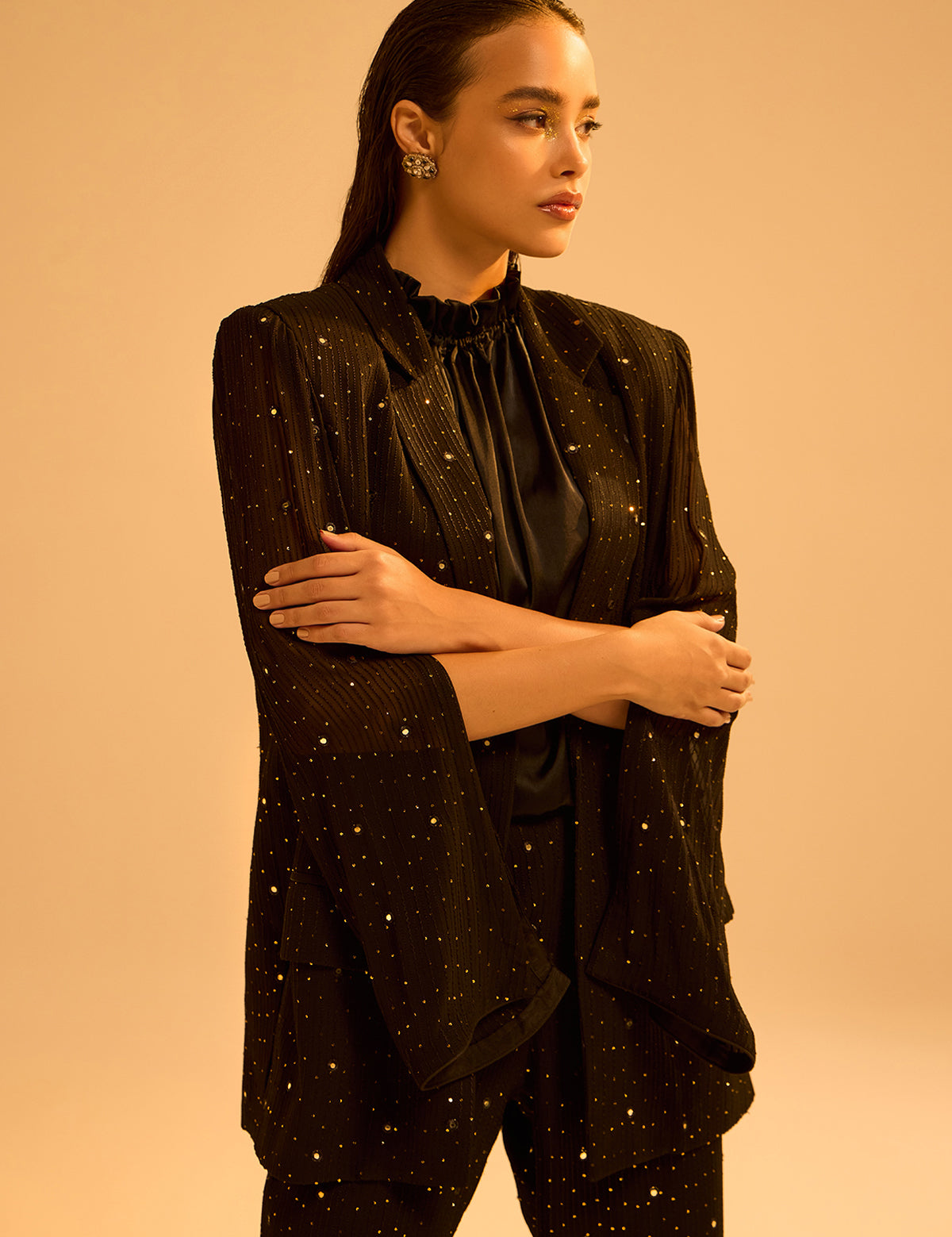 Black Waterfall Blazer Set with mirror work, view 3 – Aina Karée