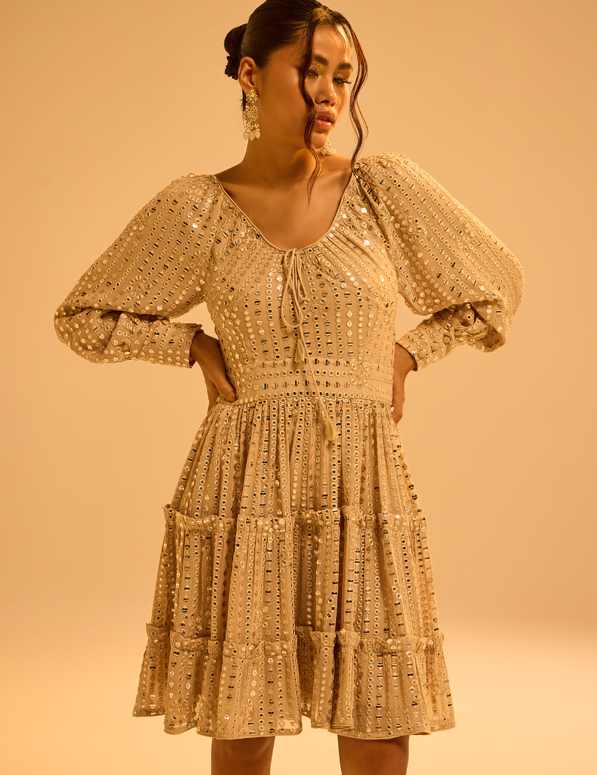 Champagne Cuffed Sleeve Dress with mirror work – Aina Karée