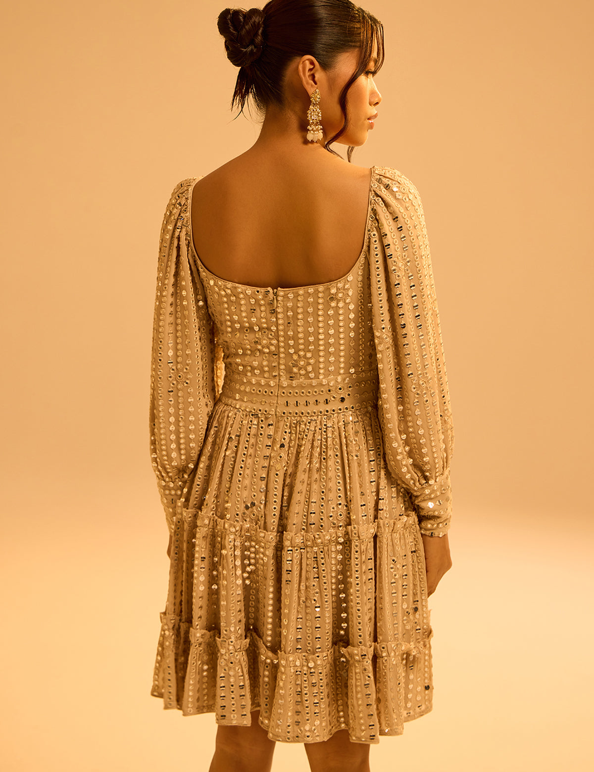 Champagne Cuffed Sleeve Dress with mirror work, view 3 – Aina Karée