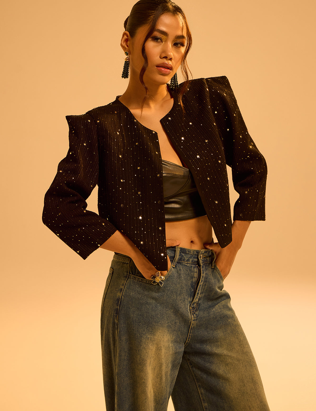 Black Boxy Jacket with mirror work, view 2 – Aina Karée
