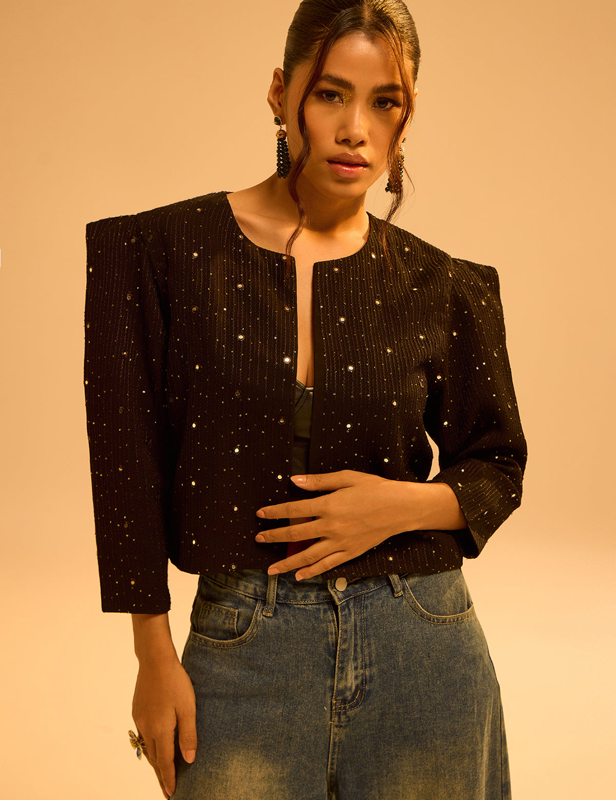 Black Boxy Jacket with mirror work, view 3 – Aina Karée