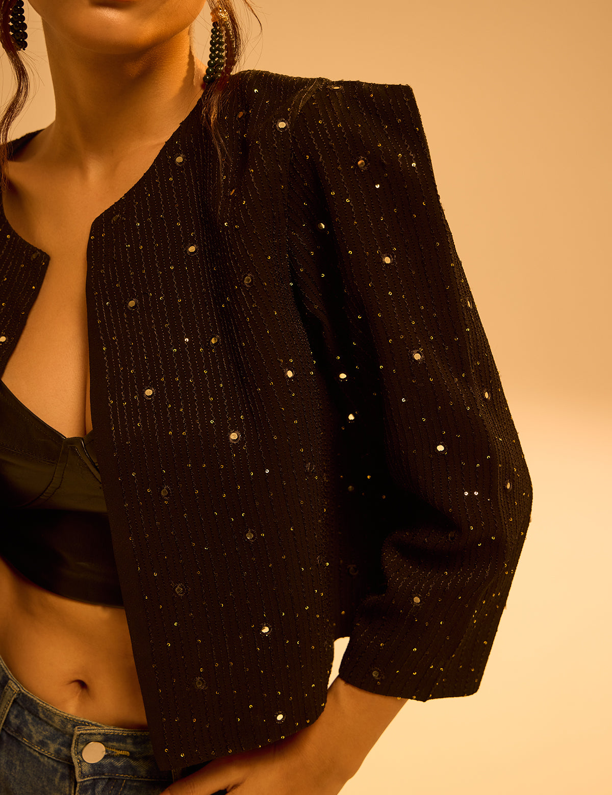 Black Boxy Jacket with mirror work, view 4 – Aina Karée