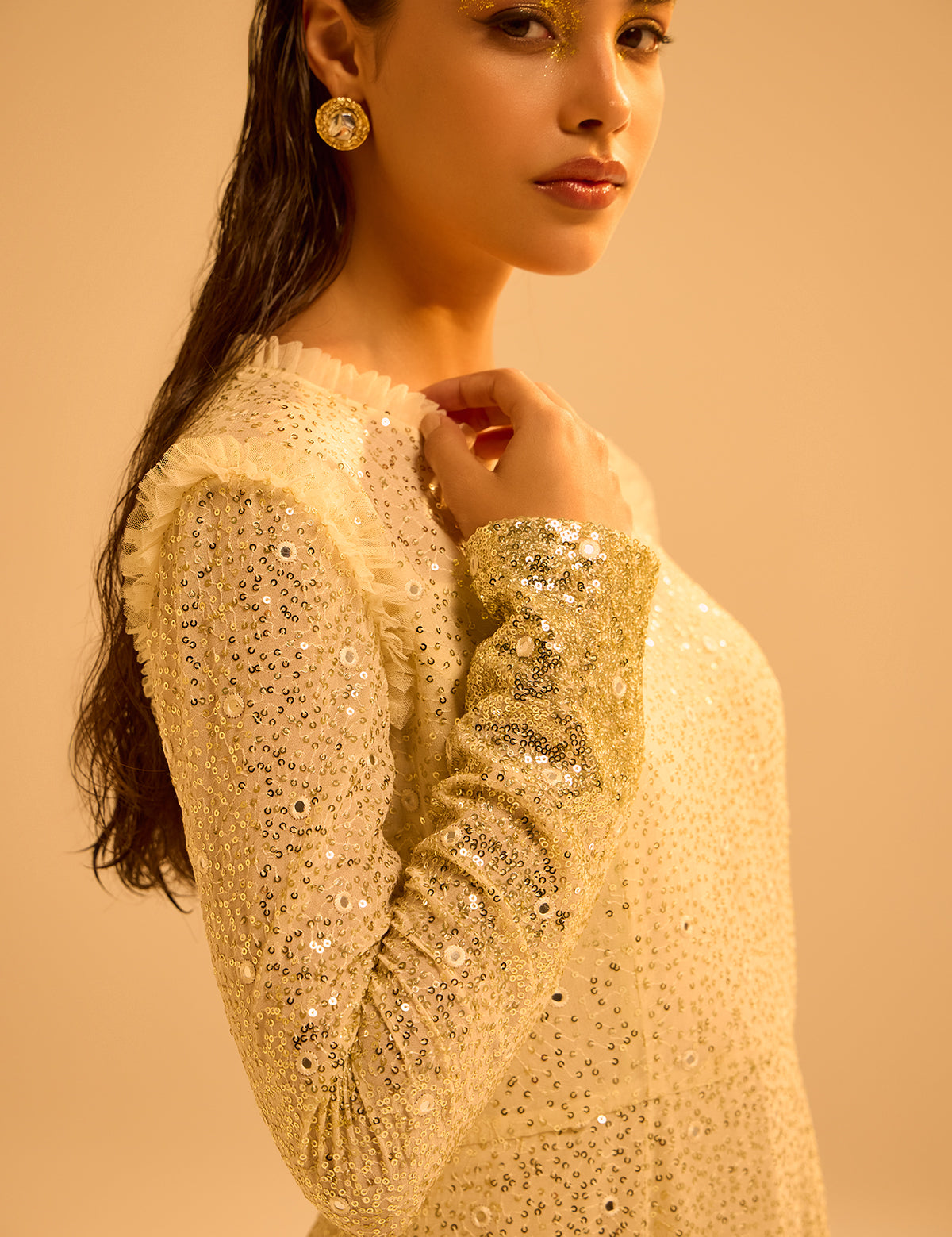 Ivory Gatsby Glimmer Dress with mirror work, view 3 – Aina Karée