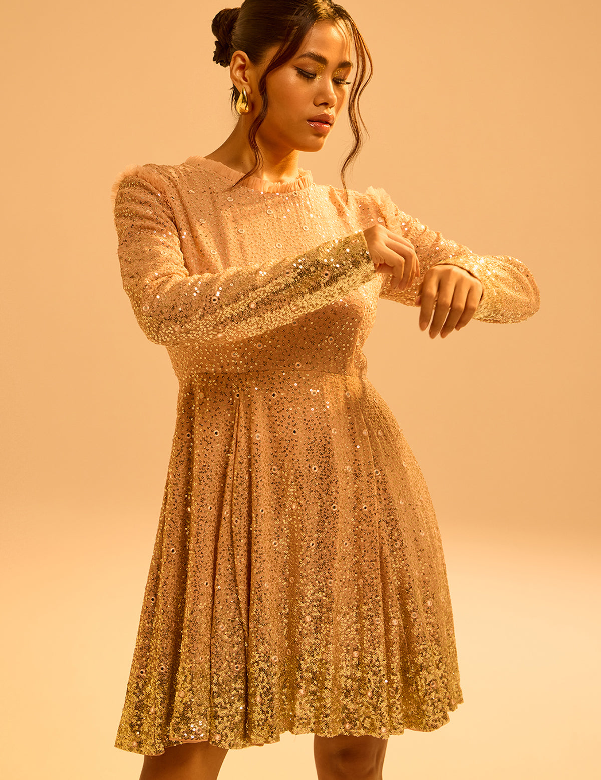 Blush Nude Gatsby Glimmer Dress with mirror work, view 2 – Aina Karée